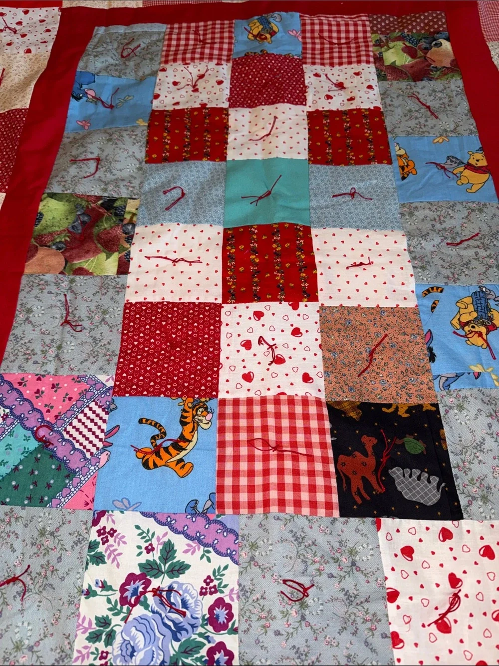 Handmade Patchwork Quilted Throw - Red Multicolor Mulipatterned Kids Winnie